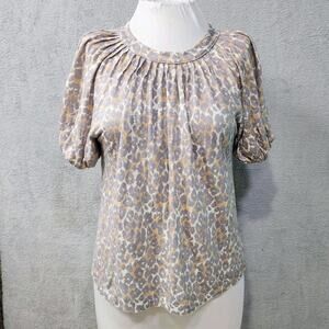 Maeve Anthropologie Linen Top Leopard Print Puff Sleeve Grey Womens Size X Small